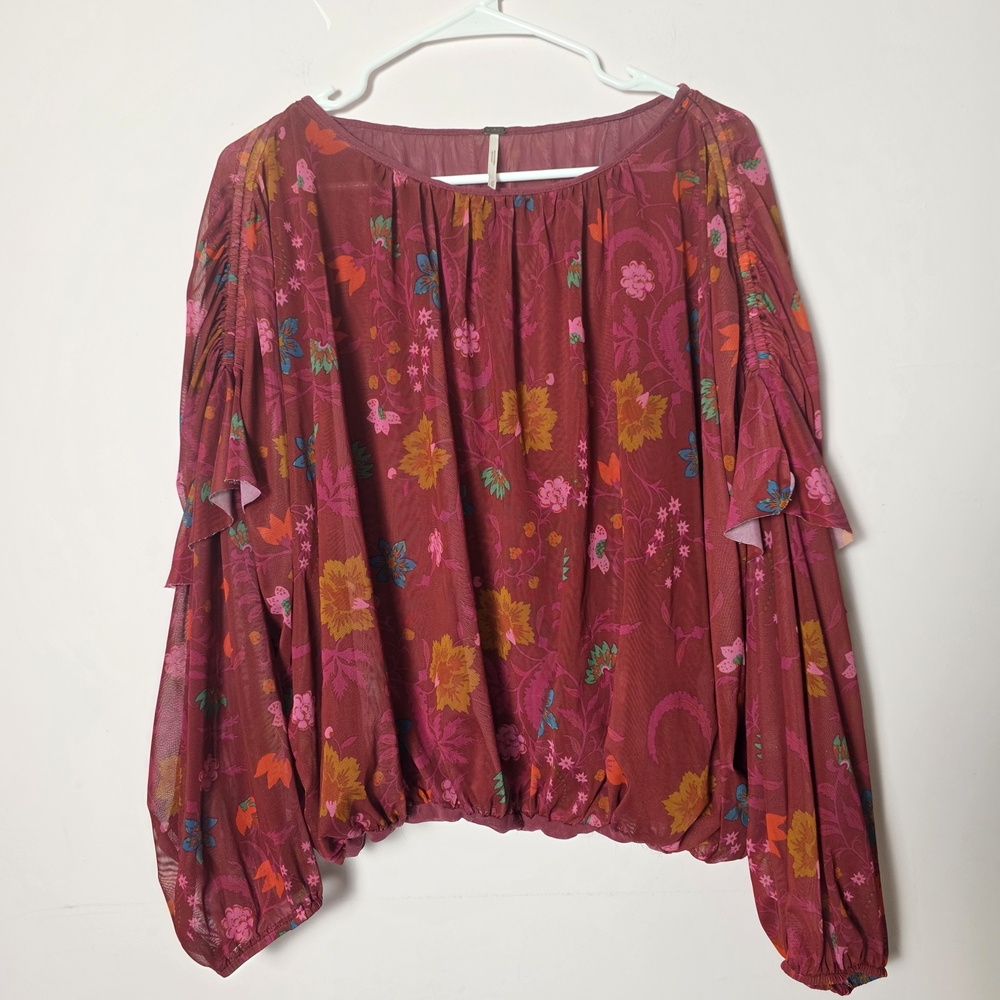 Free People Wildflower Honey Floral Blouse Medium Boho Balloon Sleeve Berry Pink